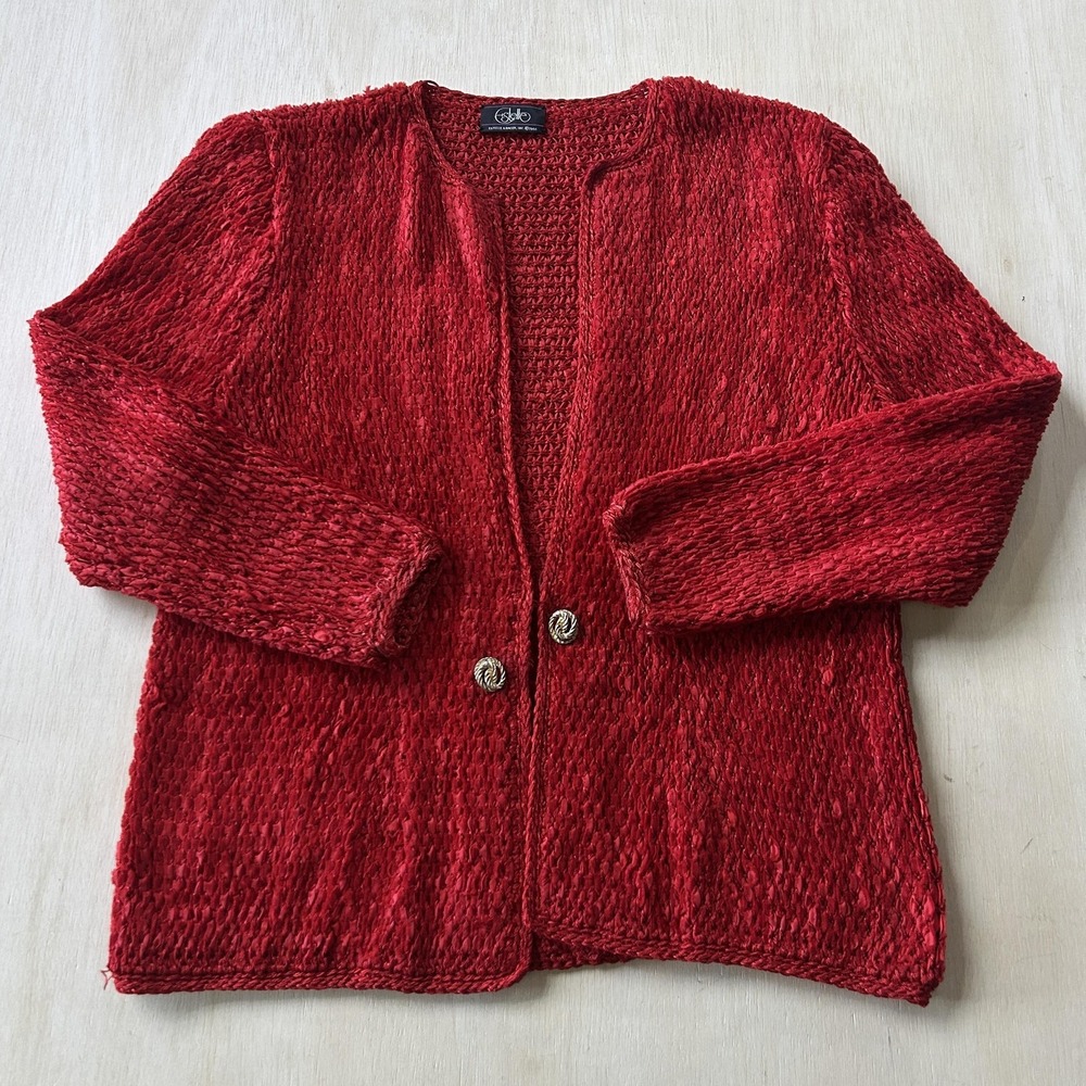 Vintage Estelle Cardigan Sweater Womens L Red Open Knit Button Front Lightweight